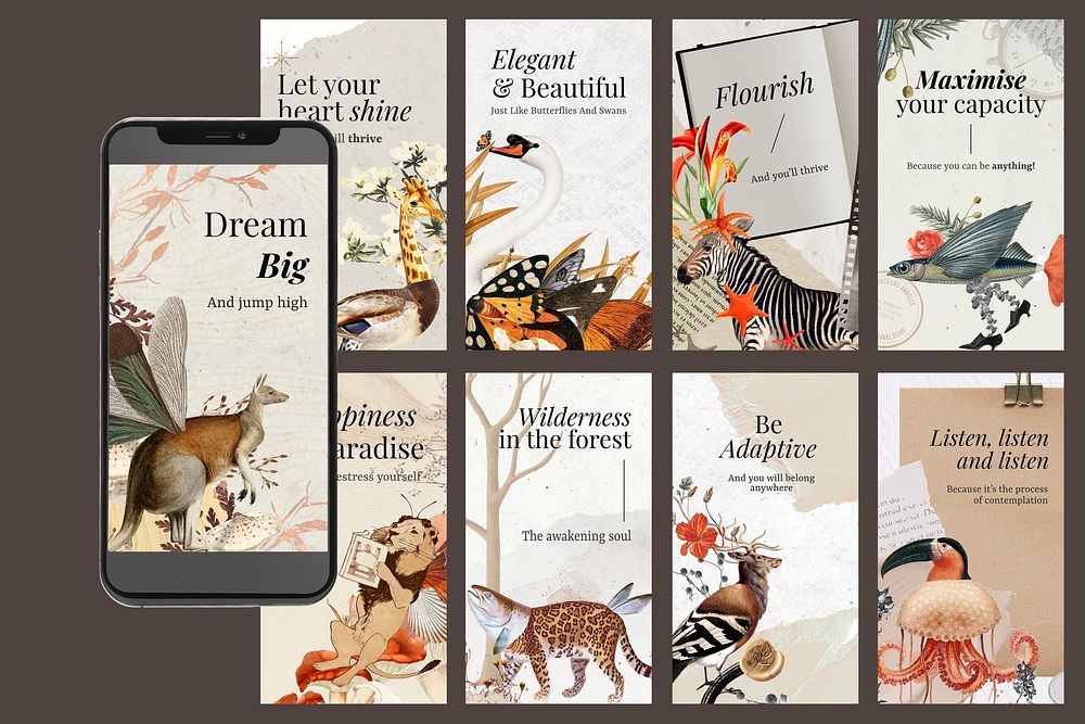 Retro collage instagram story template, editable vintage animal scrapbook artwork with quote for wallpaper and social media…