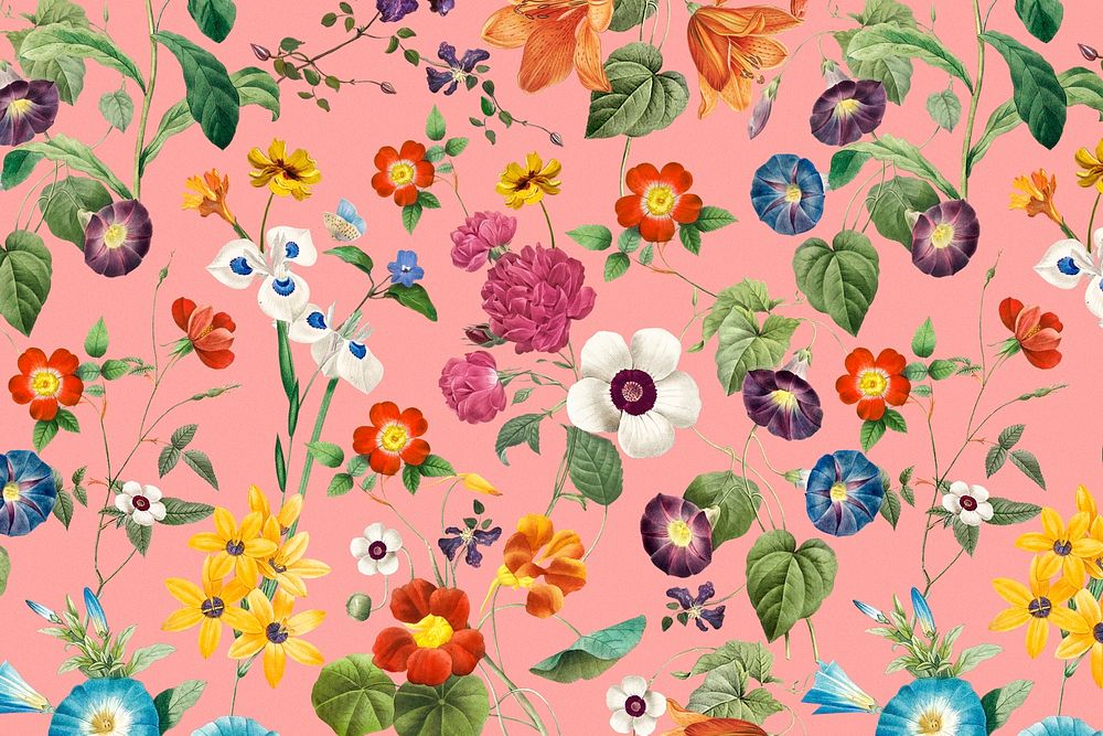 Pink botanical pattern background, natural design psd, remixed from original artworks by Pierre Joseph Redouté