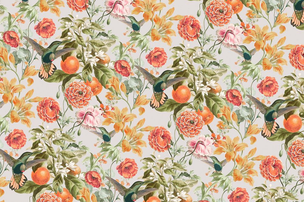 Summer botanical pattern background, birds design psd, remixed from original artworks by Pierre Joseph Redout&eacute;