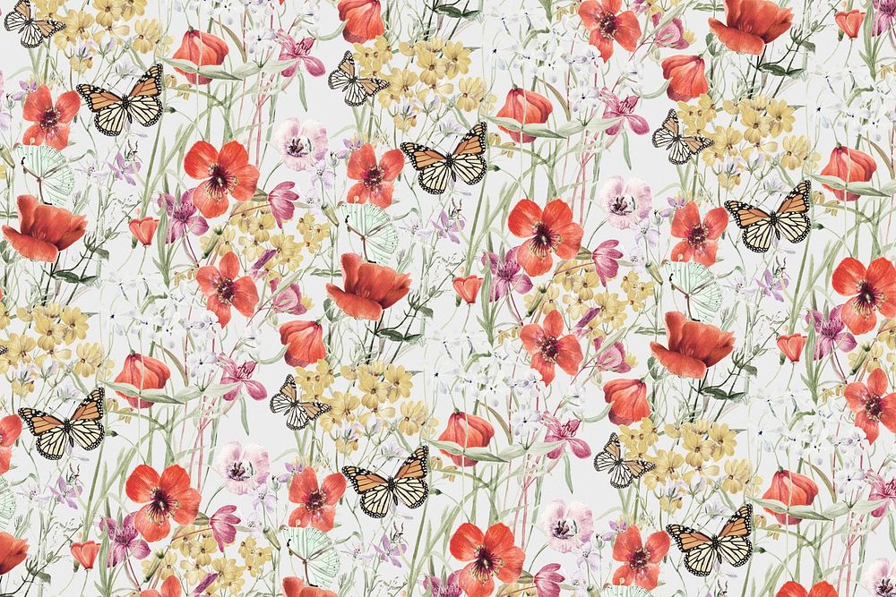 Butterfly & flower pattern background, botanical design psd, remix from the artworks of Pierre Joseph Redout&eacute;