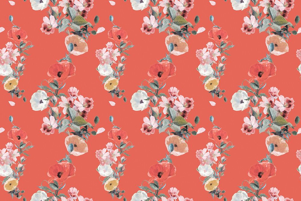 Red botanical pattern background, natural design psd, remixed from original artworks by Pierre Joseph Redout&eacute;