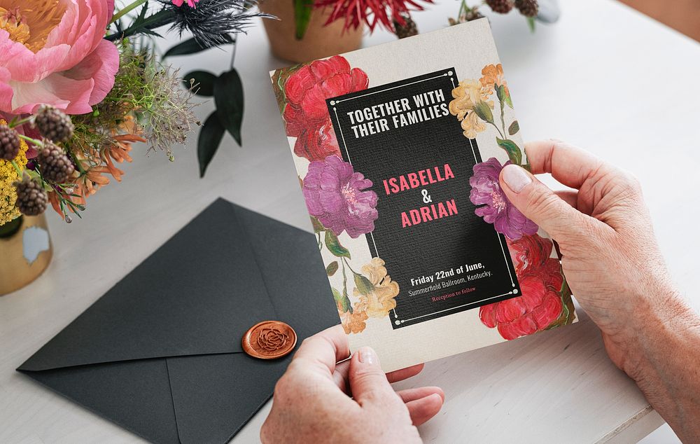 Wedding card mockup, bride holding invitation design psd, remix from the artworks of Pierre Joseph Redouté