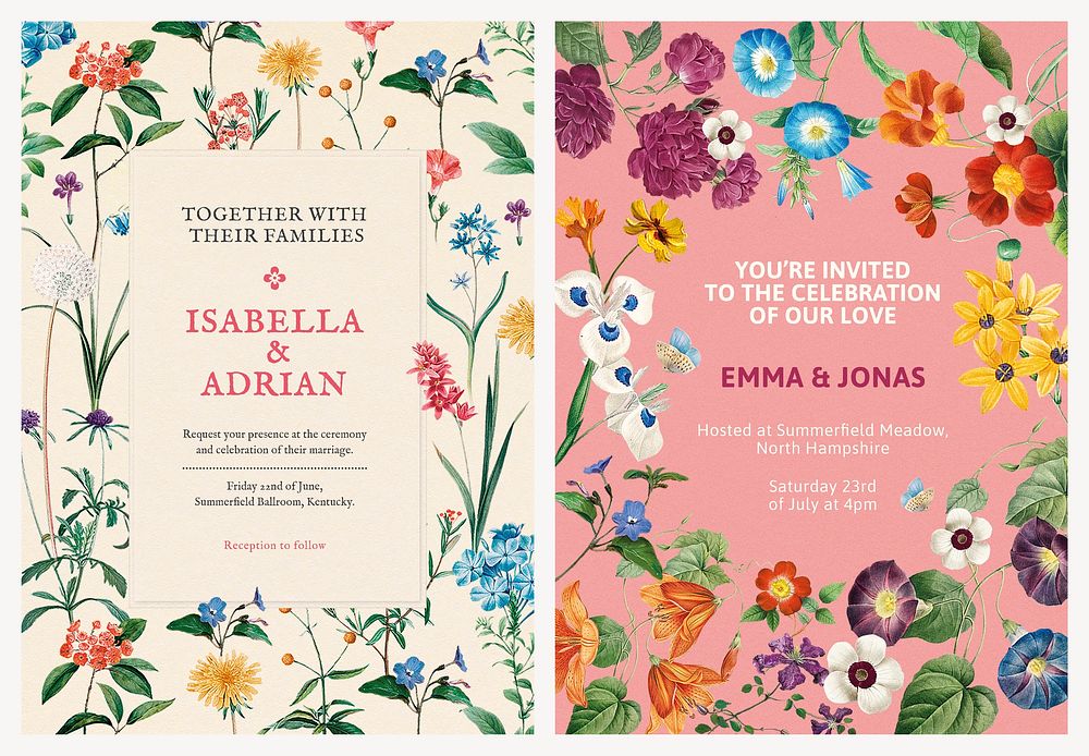 Wedding invitation card templates, flower design set vector, remixed from original artworks by Pierre Joseph Redout&eacute;