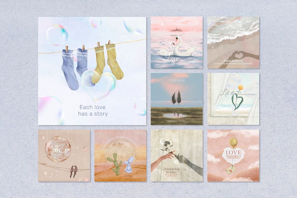 Valentines Instagram post templates, friendship, lovers design set vector