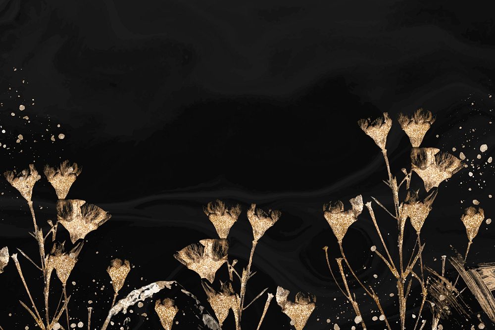Black botanical background, gold dried flower design vector
