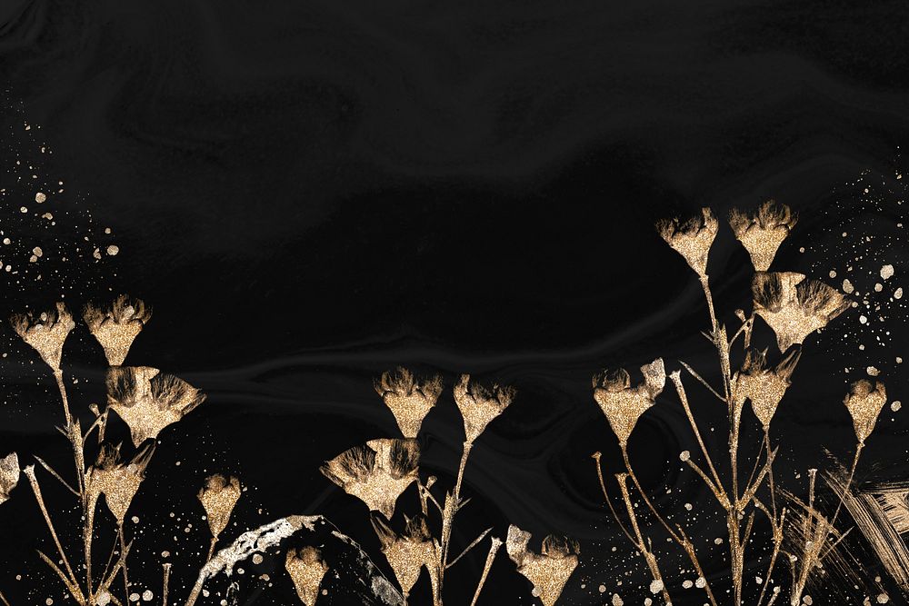 Black botanical background, gold dried flower design 