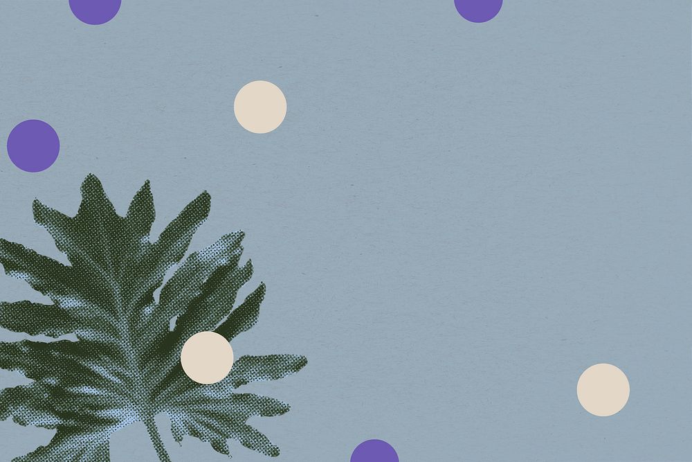 Tropical plant remix background, blue retro halftone design with polka dots psd