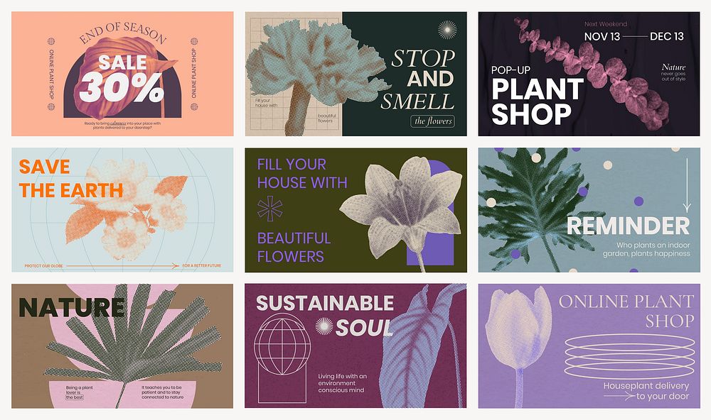 Botanical & floral blog banner template set, retro modern aesthetic halftone design vector
