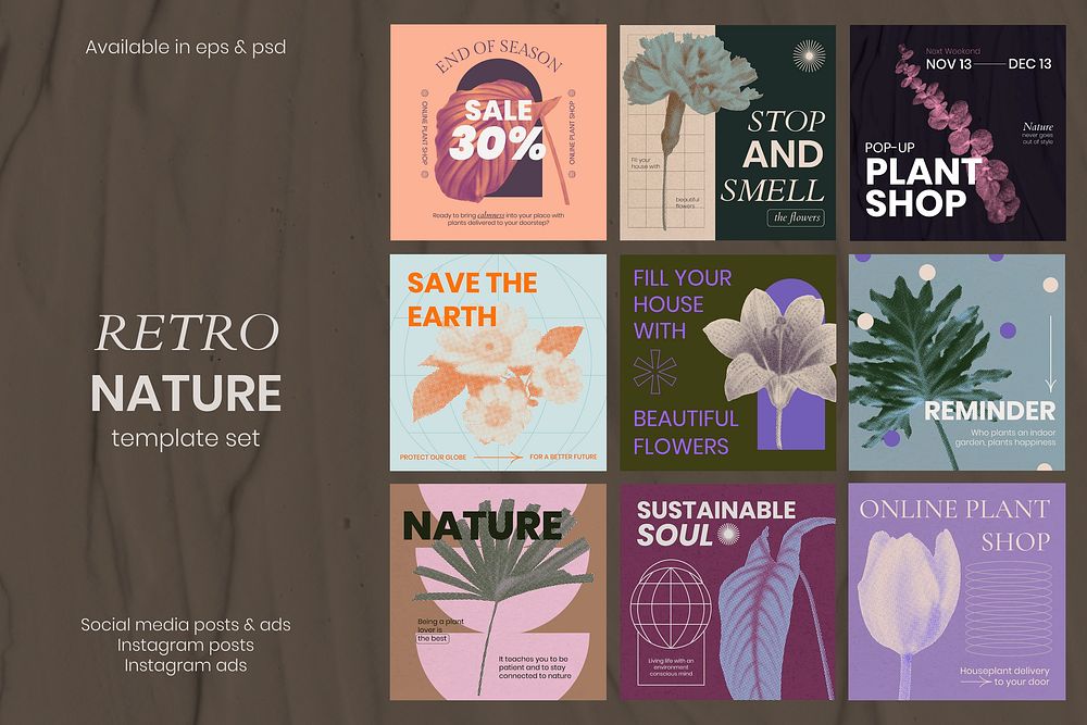 Retro nature Instagram template set, botanical & floral designs in halftone aesthetic vector