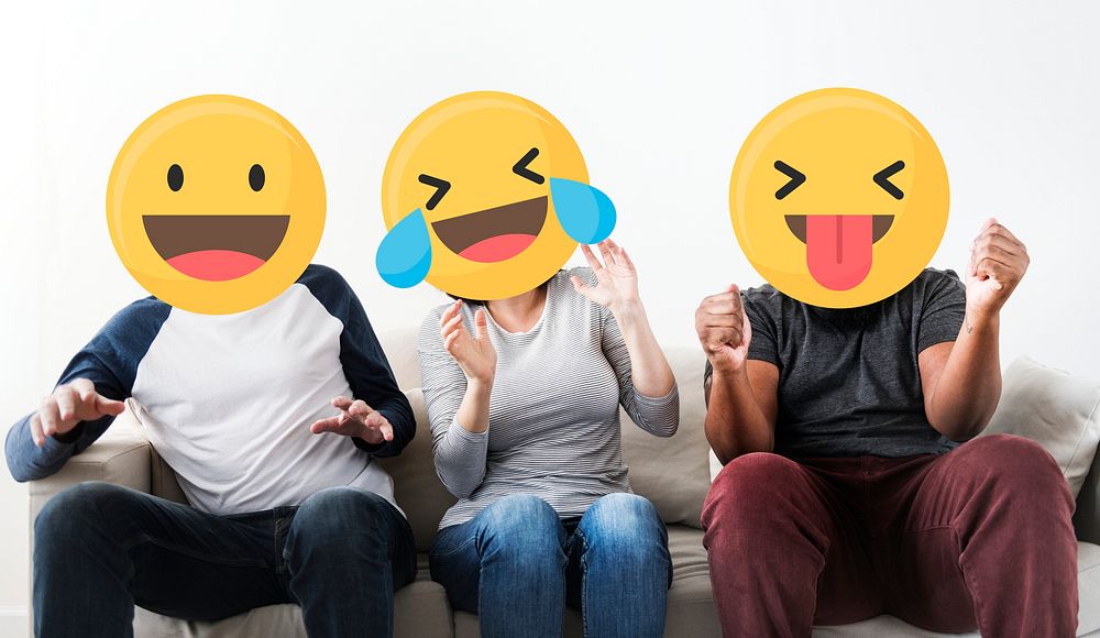 Friends with emoticons enjoying virtual reality experience
