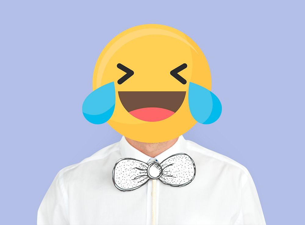 Laughing face emoji portrait on a man