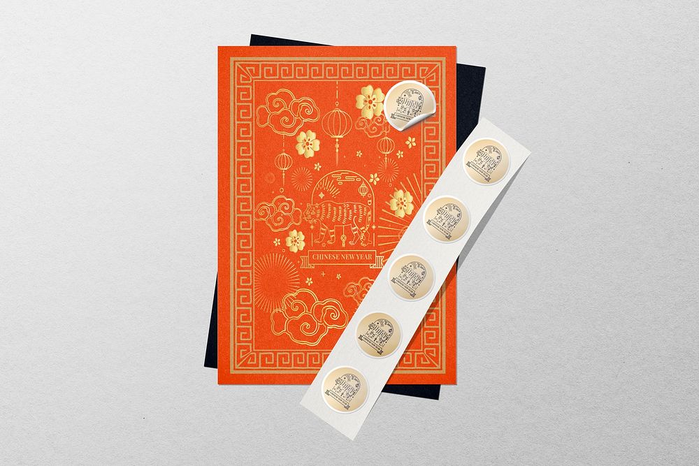 Poster, sticker mockup, Chinese New Year stationery psd set