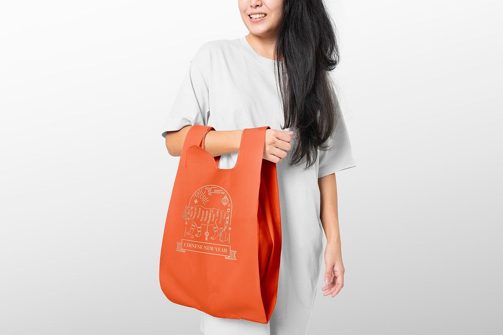 Grocery bag mockup, reusable shopping essentials psd