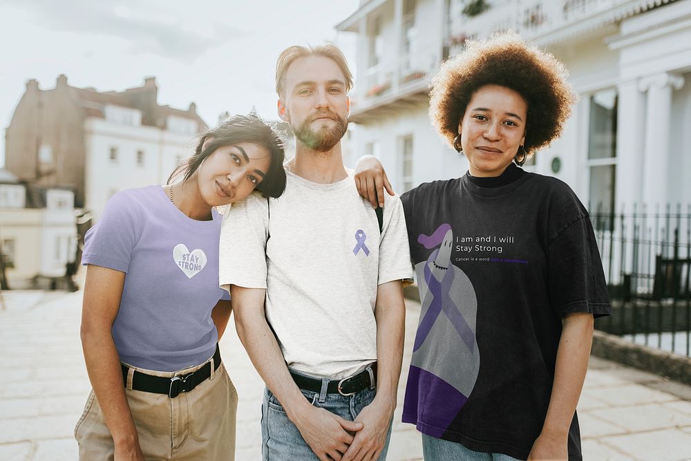 World cancer day fashion campaign, diverse people wearing awareness t-shirts