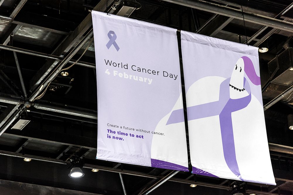 Fabric ceiling sign mockup, World Cancer Day awareness campaign psd
