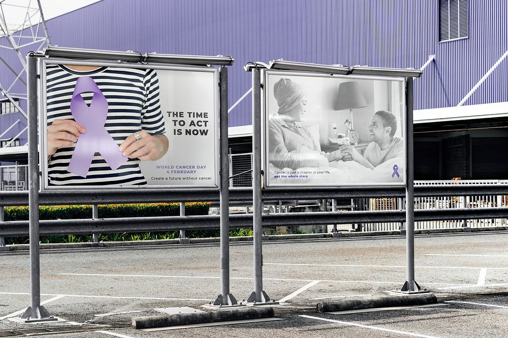 Parking lot ad sign mockup, World Cancer Day awareness campaign psd