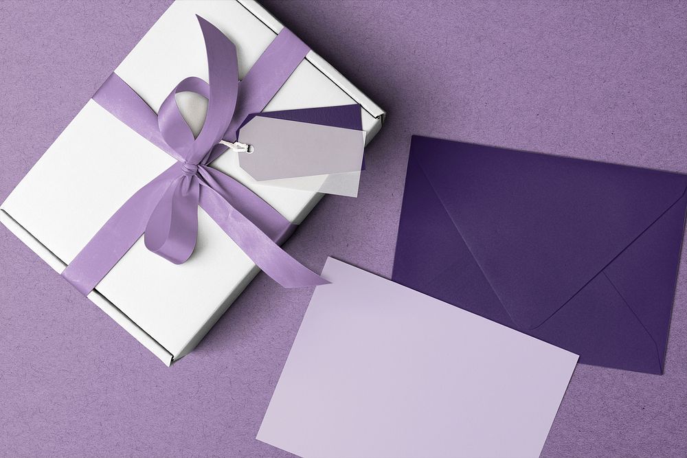 Pastel purple gift box, envelope, aesthetic packaging