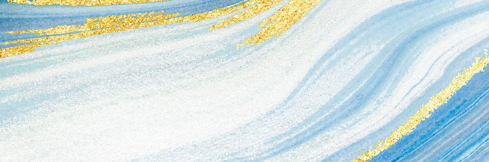 Blue banner background, white and gold glitter design
