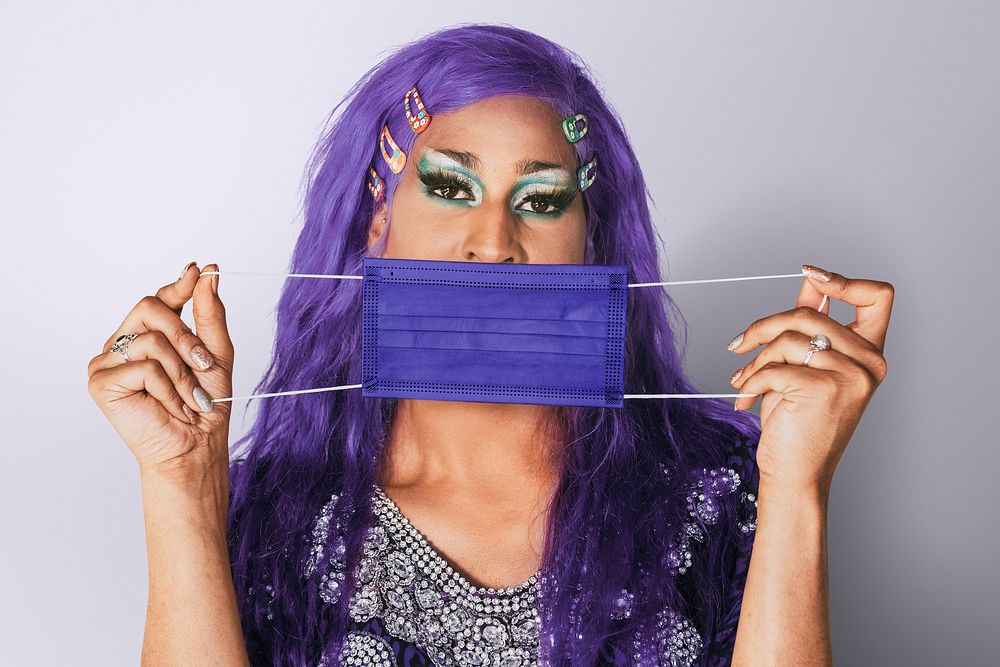 Covid-19 protection mask, purple haired dragqueen photo