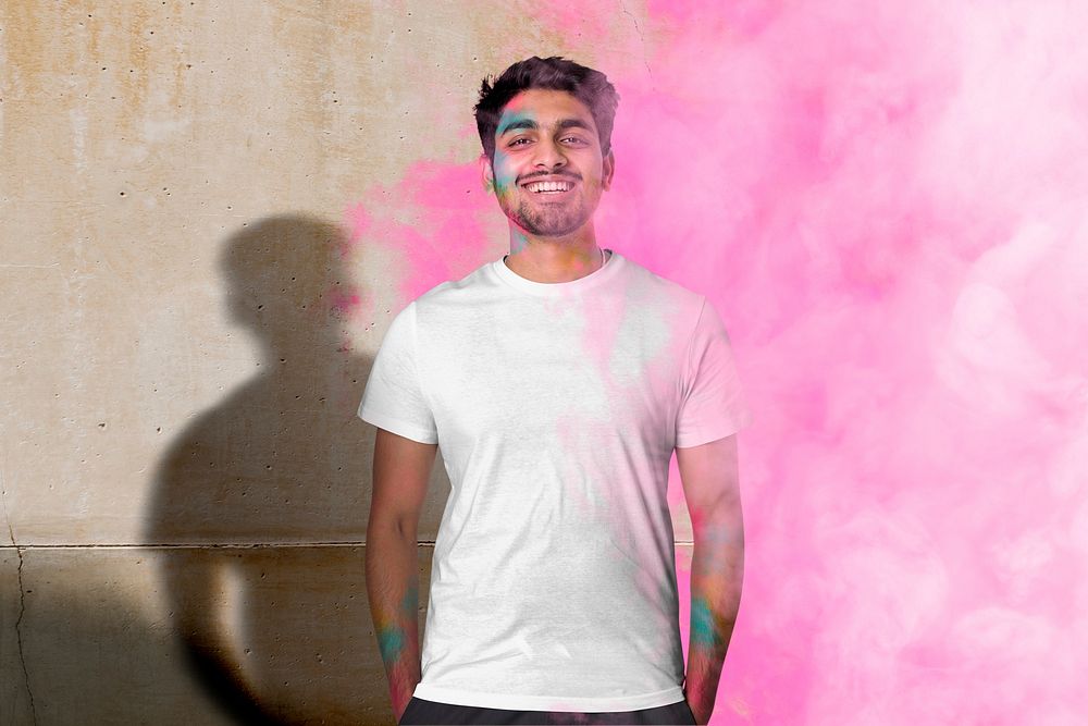 Man wearing white shirt, holi day celebration concept