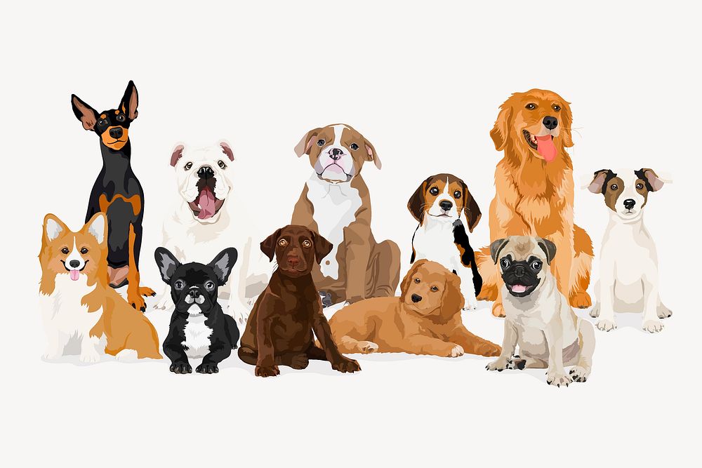 Group of dogs clipart, different breeds illustration