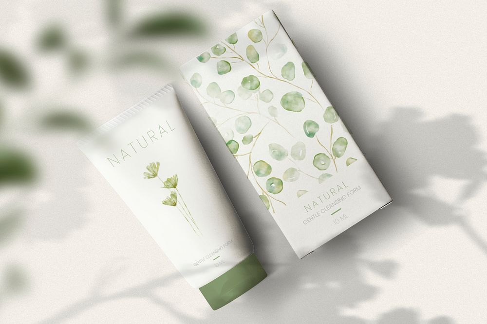 Cosmetic packaging mockup, botanical green design psd