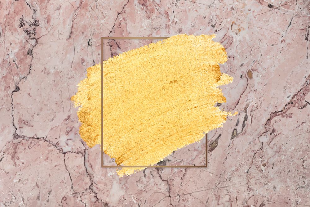 Gold paint with a golden rectangle frame on a pink marble background