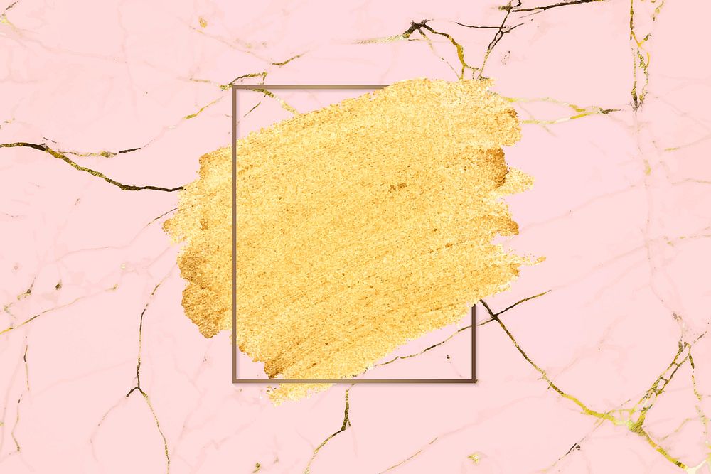Gold paint with a golden rectangle frame on a pink marble background vector