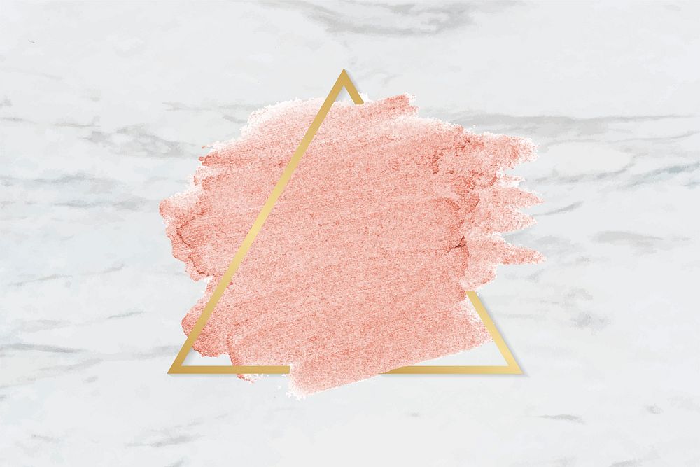 Pastel pink paint with a gold triangle frame on a white marble background vector