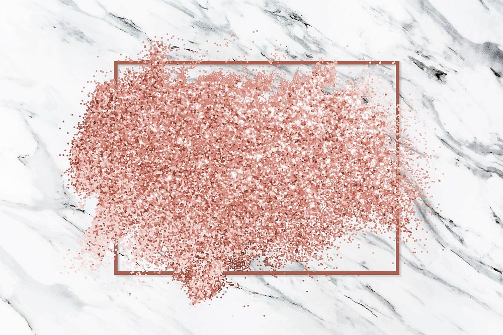 Pink gold glitter with a brownish red rhombus frame on a white and gray marble background vector