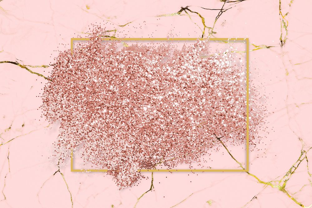 Pink gold glitter with a brownish red rhombus frame on a pink marble background
