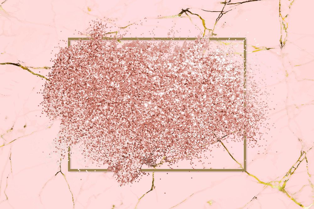 Pink gold glitter with a brownish red rhombus frame on a pink marble background vector
