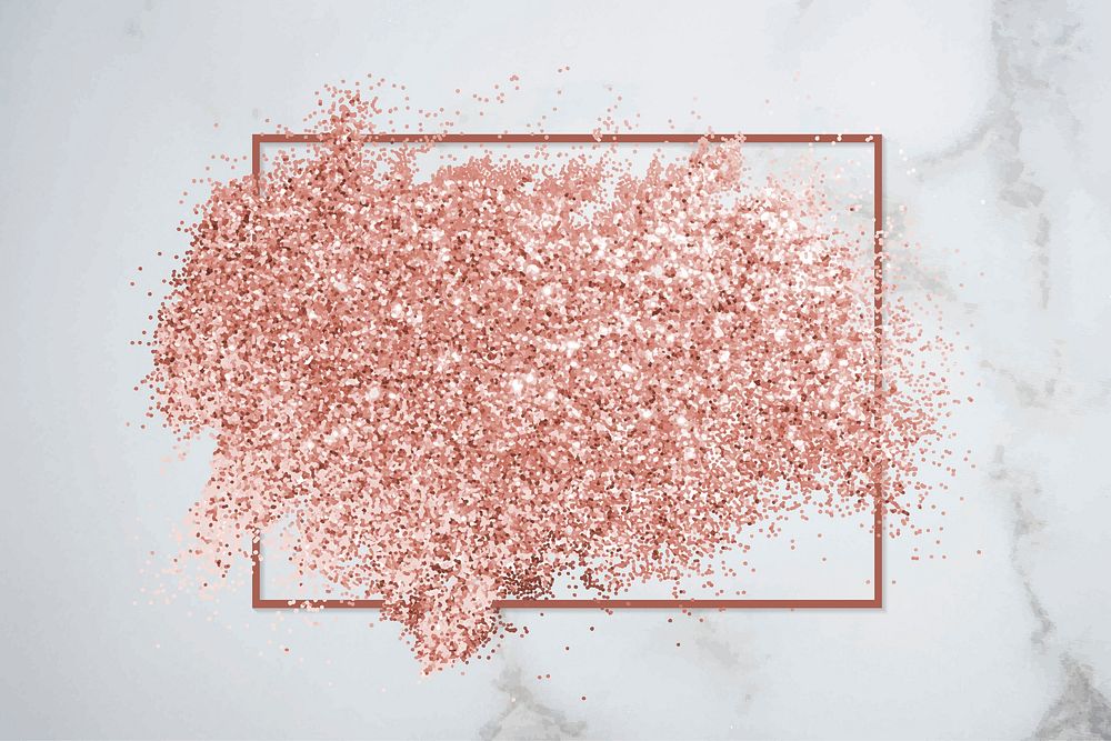 Pink gold glitter with a brownish red rhombus frame on a white marble background vector