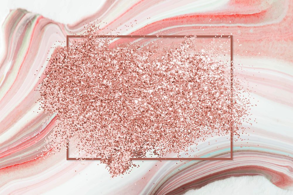 Pink gold glitter with a brownish red rhombus frame on a pastel pink fluid patterned background vector