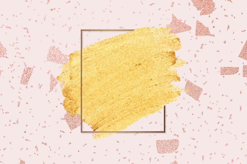 Gold paint with a golden rectangle frame on a pink marble background vector