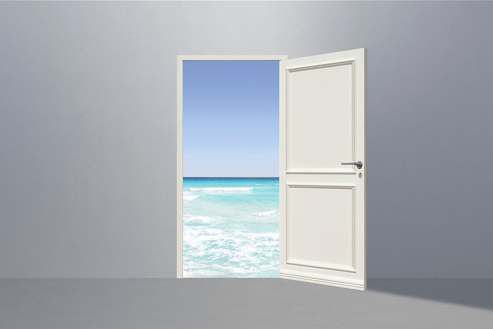 Opened door mockup, wall interior with beach psd