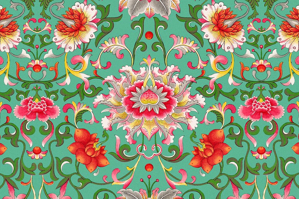 Chinoiserie green flower background, ethnic Asian flower graphic