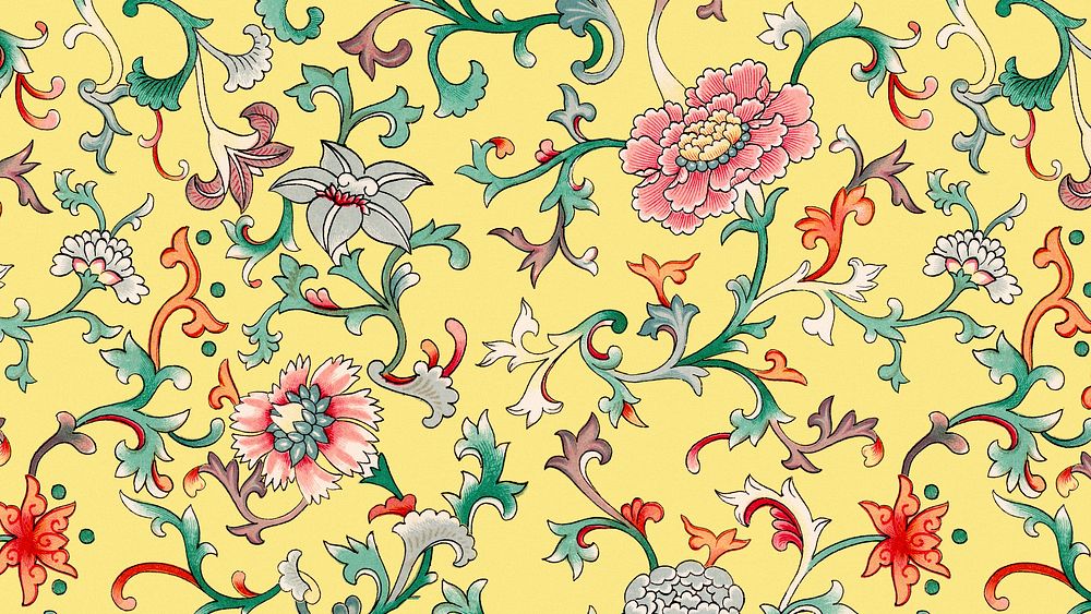 Yellow traditional flower desktop wallpaper, Asian floral background