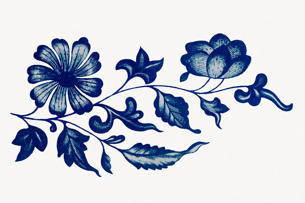 Blue flower illustration, vintage Chinese aesthetic graphic