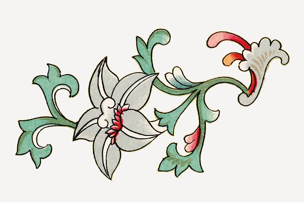 Gray flower collage element, vintage Chinese aesthetic illustration vector