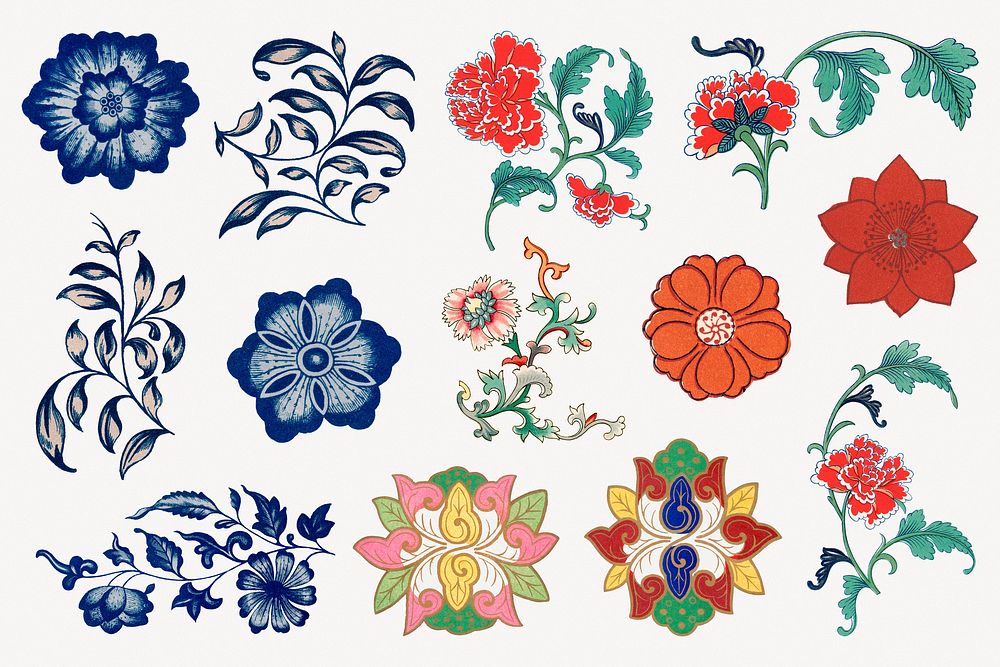 Flower illustration, aesthetic vintage Chinese design element psd set