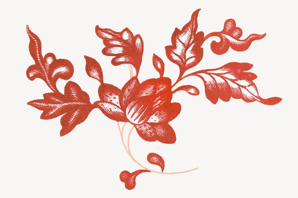 Red flower illustration, vintage Chinese aesthetic graphic vector