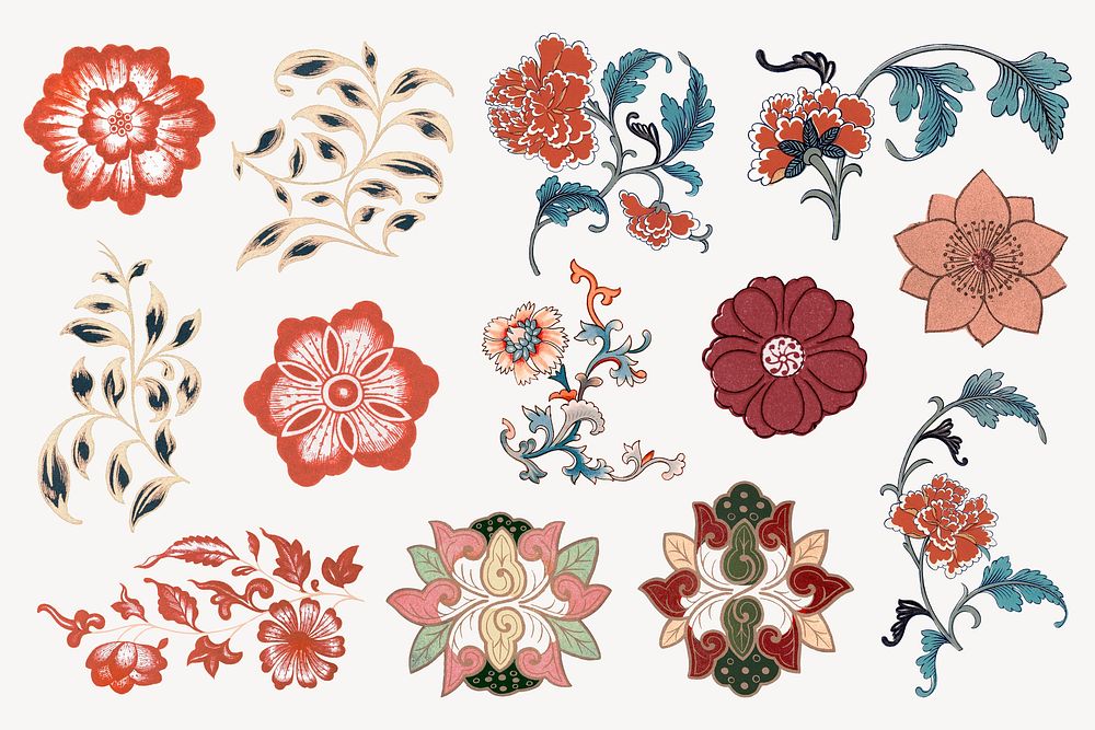 Flower illustration, aesthetic vintage Chinese design element psd set