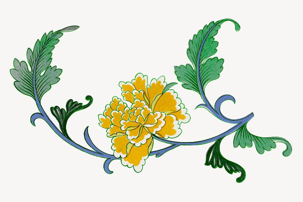 Yellow flower collage element, vintage Chinese aesthetic illustration vector