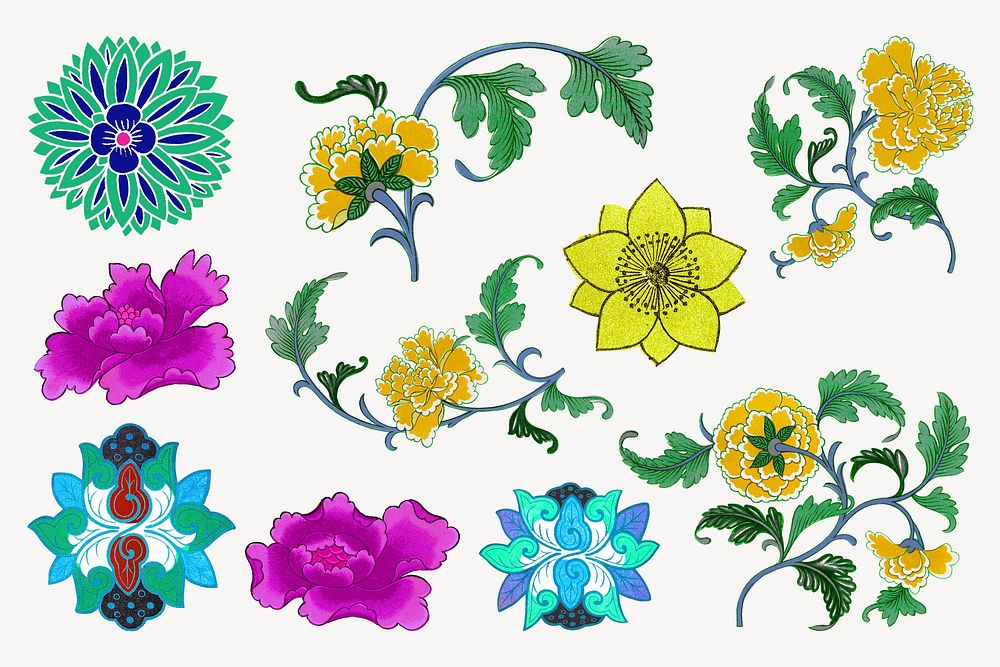 Flower illustration, aesthetic vintage Chinese design element psd set