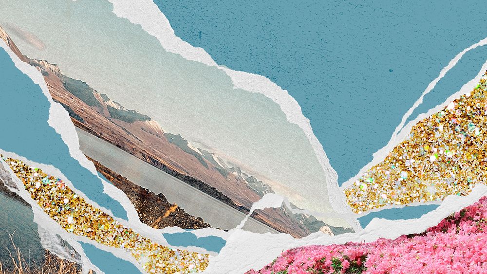 Ripped paper collage desktop wallpaper, surreal landscape background