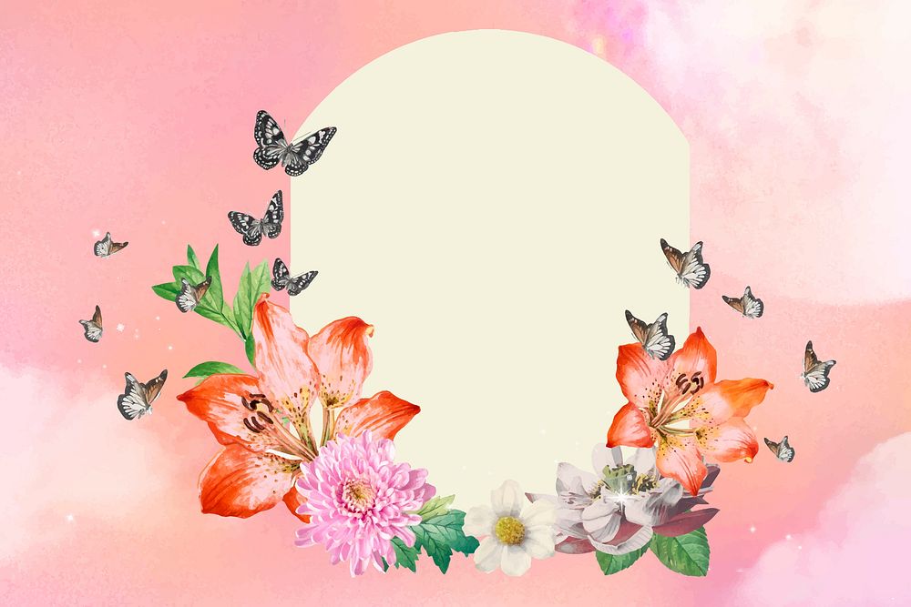 Floral arch frame background, dreamy pink design vector