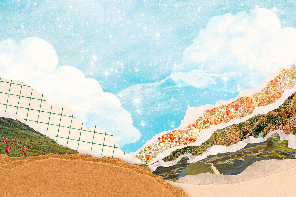 Surreal landscape collage background, torn paper design