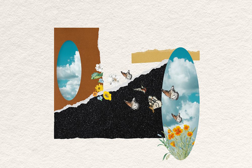 Ripped paper collage, sky & butterfly mixed media illustration psd