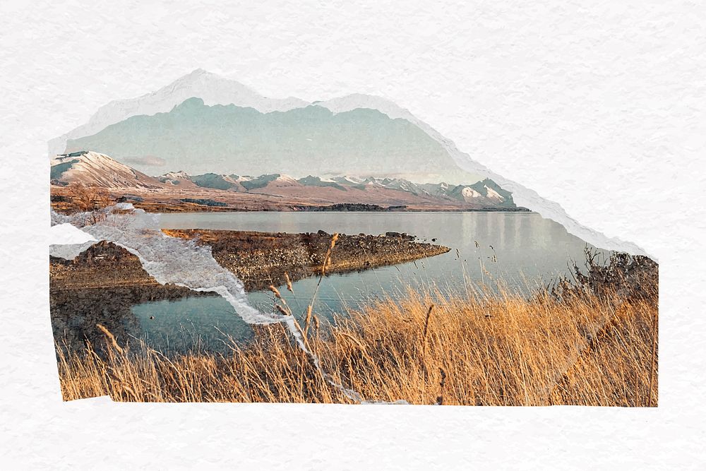 Lake landscape border, torn paper design vector
